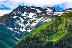 View of the Pyrenees from Superbagneres ski resort, Bagneres-de-Luchon, Occitanie, Pyrenees, France.