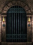 Medieval castle arch with iron castle gate and torches.3d illustration.