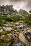 Mountain Landscape with a Creek and Rocks in Foreground on Cloudy Day. Mlynicka Valley, High Tatra, Slovakia.