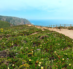 Atlantic ocean blossoming coast landscape in cloudy weather. View from Cape Roca (Cabo da Roca), Portugal. Two shots stitch image.