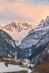 Alpine village of Soglio at sunset, Bregaglia Valley, Maloja Region, Canton of Graubunden, Switzerland, Europe