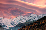 Sunset clouds above Piz Bernina and Morteratsch glacier, Engadine, canton of Graubunden, Switzerland, Europe
