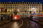 View of tram in Piazza Castello at dusk, Turin, Piedmont, Italy, Europe