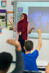 Female teacher in hijab leading lesson at projection screen in classroom