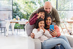 Playful family taking selfie with camera phone