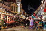 The Ladadika area at night with crowd in pedestrian zone of district famous for its bars and restaurants, Thessaloniki, Greece, Europe