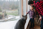 Father and son talking beside window at home