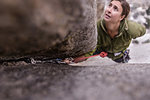 Climber trad climbing, Pine Creek, Bishop, California, USA