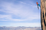 Climber trad climbing, Little Egypt, Bishop, California, USA