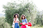 Friends checking mobile phone in olive grove