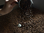 Hand pouring coffee beans into coffee roaster