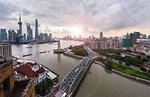 Waibaidu Bridge, the Bund and Pudong skyline, high angle view, Shanghai, China