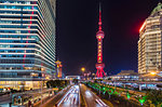 Pudong skyline with Oriental Pearl Tower at night,  Shanghai, China