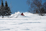 Male skier skiing down mountainside, low angle view, Alpe-d'Huez, Rhone-Alpes, France