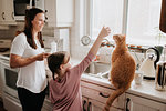 Mother watching daughter play with cat on kitchen worktop