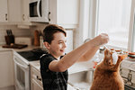 Boy playing with cat on kitchen worktop