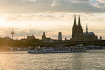 Skyline of Cologne at sunset, Dome Cathedral, TV tower and Rhine river, Nordrhein-Westfalen, Germany