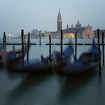 Long exposure of gondolas by San Giorgio Maggiore, Venice, Italy, Europe