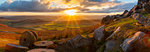 Millstones at Curbar Edge during sunset in Peak District National Park, England, Europe