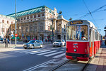 View of Royal Opera House and city tram on Opernring, Vienna, Austria, Europe