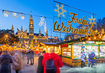 Rathaus and Christmas market stalls at night in Rathausplatz, Vienna, Austria, Europe