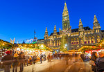 Rathaus and Christmas market stalls at night in Rathausplatz, Vienna, Austria, Europe