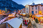 View of Christmas Market at dusk in Campitello di Fassa, Val di Fassa, Trentino, Italy, Europe