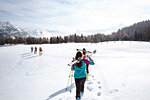 Five teenage girl skiers carrying skis in snow covered landscape, rear view, Tyrol, Styria, Austria