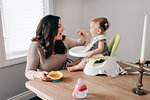 Mother feeding baby daughter in child seat on kitchen table