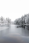 Ice on lake by snow covered trees in Lotorp, Sweden