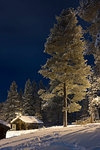 Log cabin in snow at night