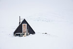 Dog outside A-frame cabin in snow