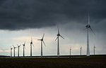 Windfarm on rainy day, Noordoostpolder, Urk, Flevoland, Netherlands