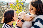 Two girls holding and petting a cute golden retriever puppy in orchard, Scandicci, Tuscany, Italy