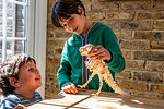 Boy and little brother playing with wooden dinosaur