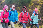 Family hiking in woods