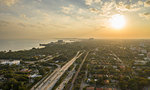 Coastline and highway at sunset, aerial view, Miami, Florida, United States