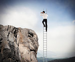 Man on a ladder high into the sky watching with binoculars . Concept of new opportunities