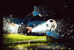 Soccer player comes out of the tv to catch the ball. Concept of qualiti streaming and high definition