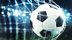 Close-up of a ball entering the net in a football match. 3D Rendering