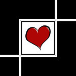 Red heart illustration in white and black square shapes for Valentine's Day on black background
