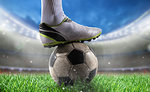 Soccer player with soccerball on the lawn of a stadium ready for World cup