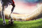 Football scene with competing football players at the stadium. 3D Rendering