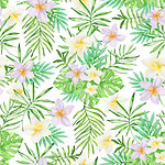 Watercolor summer seamless pattern with tropical flowers and green palm leaves on a white background