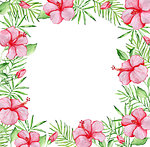 Watercolor tropical floral frame with red hibiscus flowers and green palm leaves on a white background