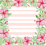 Watercolor tropical floral frame with red hibiscus flowers, green palm leaves and pink lines on a white background