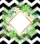 Watercolor tropical floral banner with flowers and palm leaves on a striped background