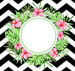 Watercolor tropical floral round banner with red hibiscus flowers, green palm leaves on a striped background