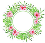 Watercolor tropical floral round banner with red hibiscus flowers and green palm leaves on a white background