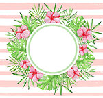 Watercolor tropical floral banner with red hibiscus flowers and green palm leaves on a pink striped background